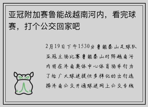 亚冠附加赛鲁能战越南河内，看完球赛，打个公交回家吧