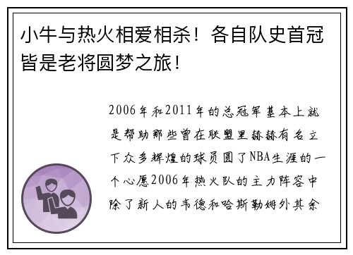 小牛与热火相爱相杀！各自队史首冠皆是老将圆梦之旅！